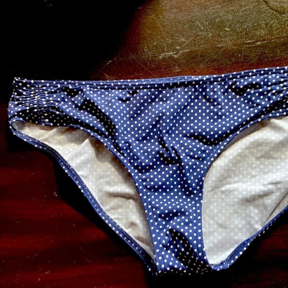 Land’s End Plus Size polka dot ruched sides bikini bottom navy white size 16